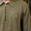 Brown Ribbed Half-Zip Sweatshirt made from wool-blend knit fabric