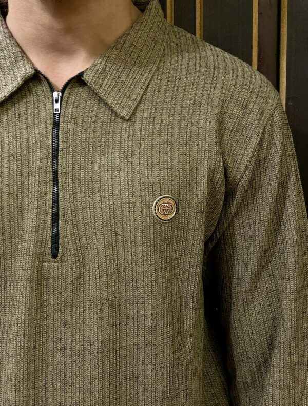 Brown Ribbed Half-Zip Sweatshirt made from wool-blend knit fabric