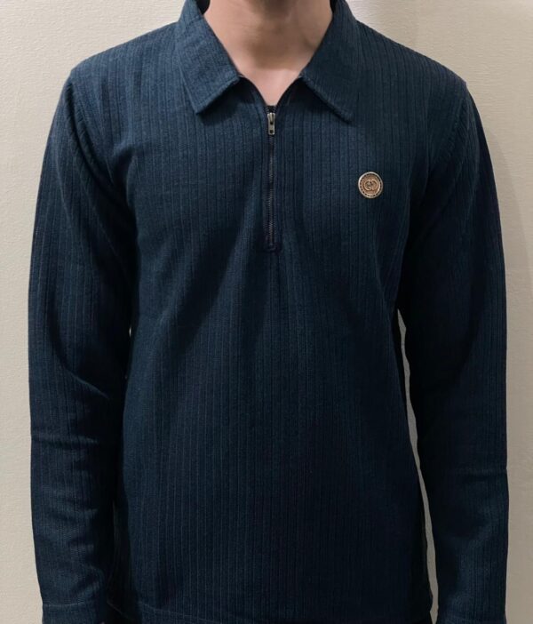 Blue Ribbed Half-Zip Sweatshirt made from wool-blend knit fabric