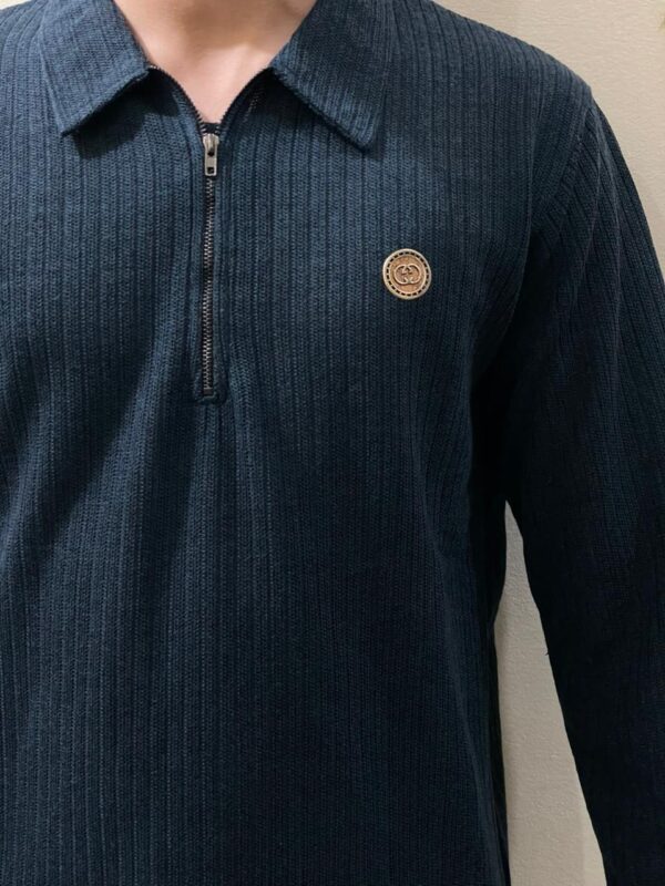 Blue Ribbed Half-Zip Sweatshirt made from wool-blend knit fabric